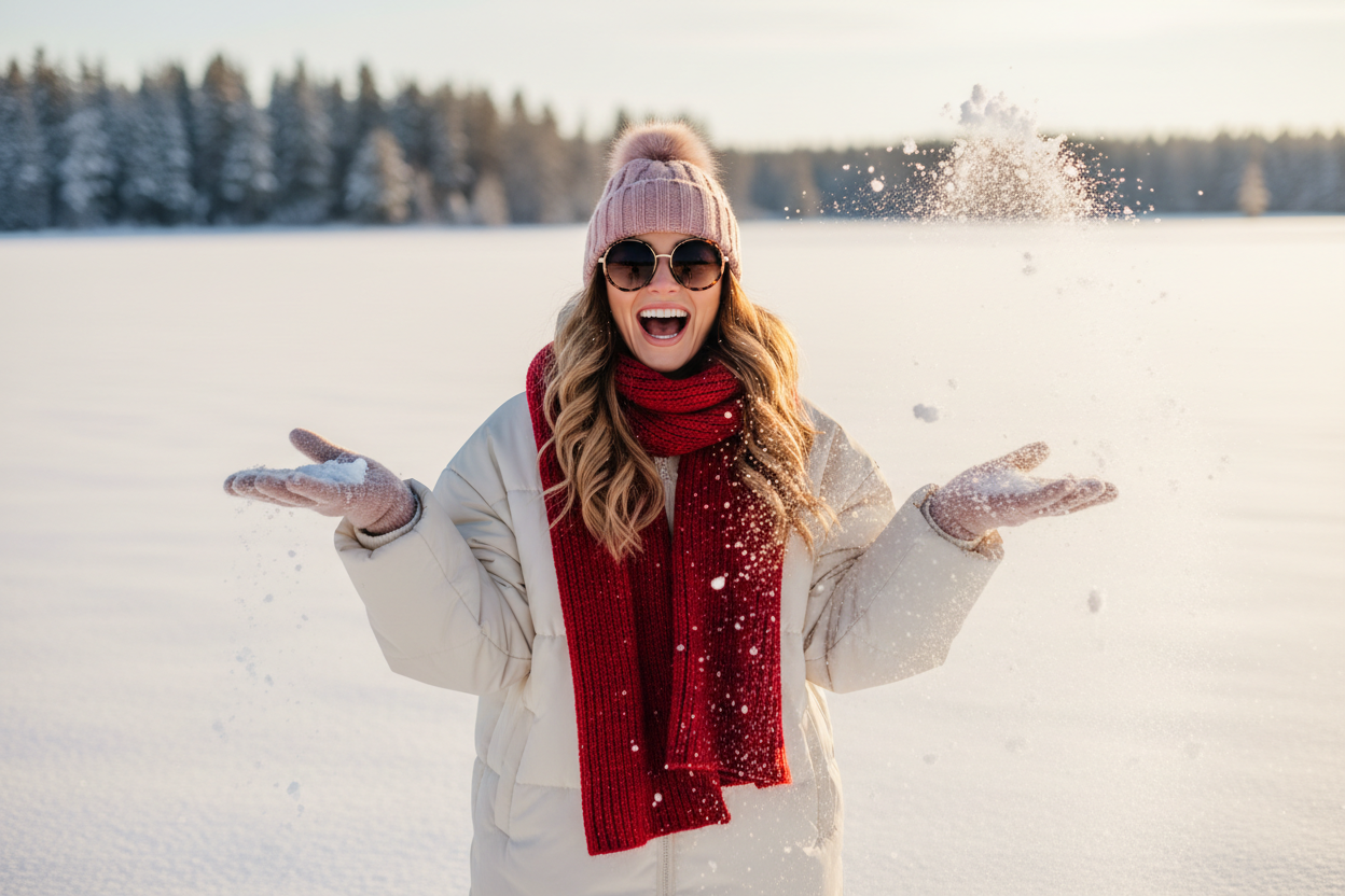 하얀 눈밭에서 여성이 겨울 패션을 스타일리쉬하게 입고 장난치듯 환하게 웃고 있다