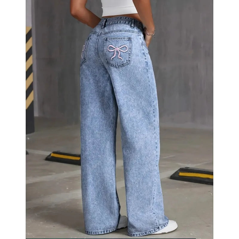 omen's High-Waist Wide Leg Jeans – Vintage Wash Denim with Bow Back Pocket