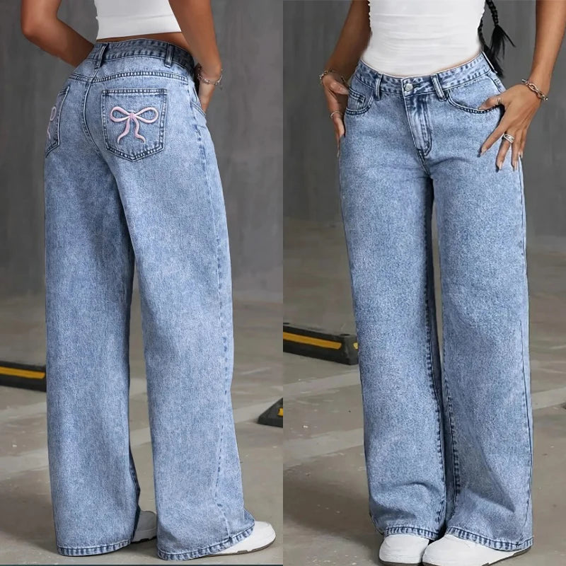 omen's High-Waist Wide Leg Jeans – Vintage Wash Denim with Bow Back Pocket