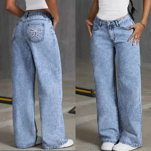omen's High-Waist Wide Leg Jeans – Vintage Wash Denim with Bow Back Pocket