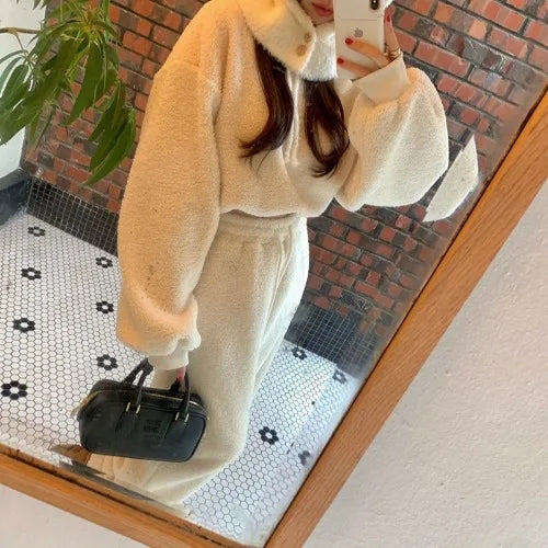 Women’s Fleece Teddy Hoodie Jogger Set | Oversized Warm Winter Lounge Wear