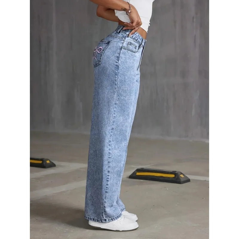 omen's High-Waist Wide Leg Jeans – Vintage Wash Denim with Bow Back Pocket