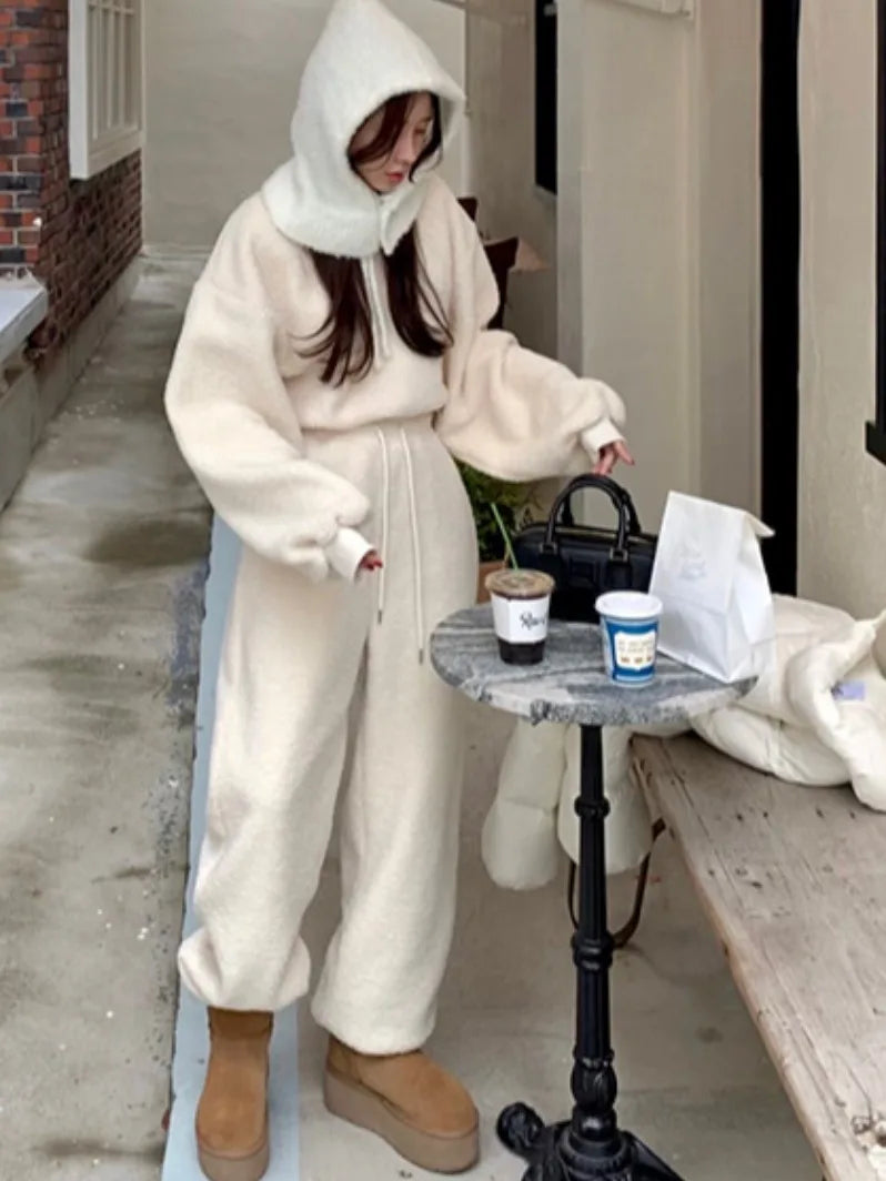 Women’s Fleece Teddy Hoodie Jogger Set | Oversized Warm Winter Lounge Wear